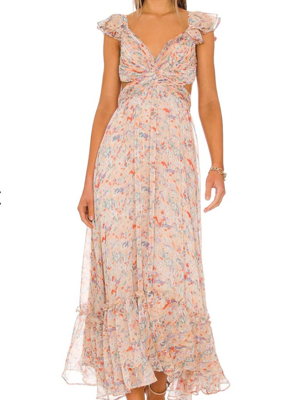 ASTR The Label Primrose Peach Floral Ruffle Maxi Dress L